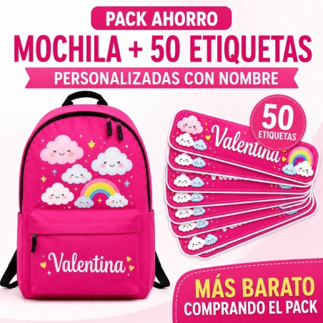Pack Mochila Infantil Personalizada + 50 Etiquetas Escolares con Nombre – Nubes y Arcoíris