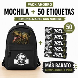 Pack Mochila Infantil Personalizada + 50 Etiquetas Escolares con Nombre – Dinosaurio T-Rex Negro