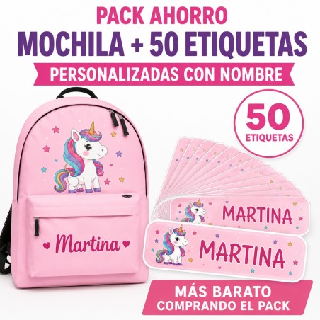 Pack Mochila Infantil Personalizada + 50 Etiquetas Escolares con Nombre – Unicornio Rosa