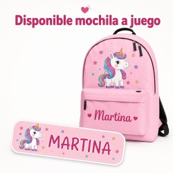 Pack Mochila Infantil Personalizada + 50 Etiquetas Escolares con Nombre – Unicornio Rosa