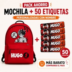 Pack Mochila Infantil Personalizada + 50 Etiquetas Escolares con Nombre – Goku Rojo o Naranja