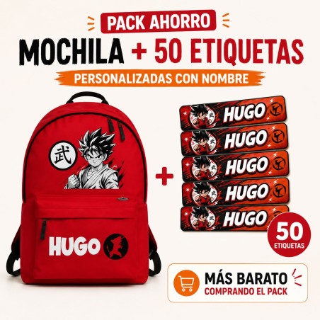 Pack Mochila Infantil Personalizada + 50 Etiquetas Escolares con Nombre – Goku Rojo o Naranja