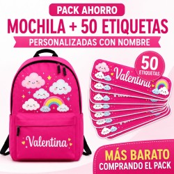 Pack Mochila Infantil Personalizada + 50 Etiquetas Escolares con Nombre – Arcoirisy nube nuevo