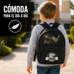 Pack Mochila Infantil Personalizada + 50 Etiquetas Escolares con Nombre – Dinosaurio T-Rex Negro