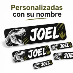 Pack Mochila Infantil Personalizada + 50 Etiquetas Escolares con Nombre – Dinosaurio T-Rex Negro