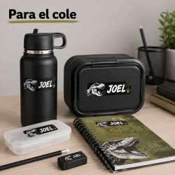 Pack Mochila Infantil Personalizada + 50 Etiquetas Escolares con Nombre – Dinosaurio T-Rex Negro