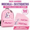 Pack Mochila Infantil Personalizada + 50 Etiquetas Escolares con Nombre – Unicornio Rosa