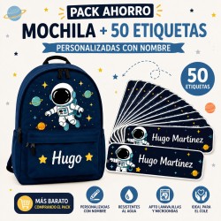Pack Mochila Infantil Personalizada + 50 Etiquetas Escolares con Nombre – Astronauta Azul