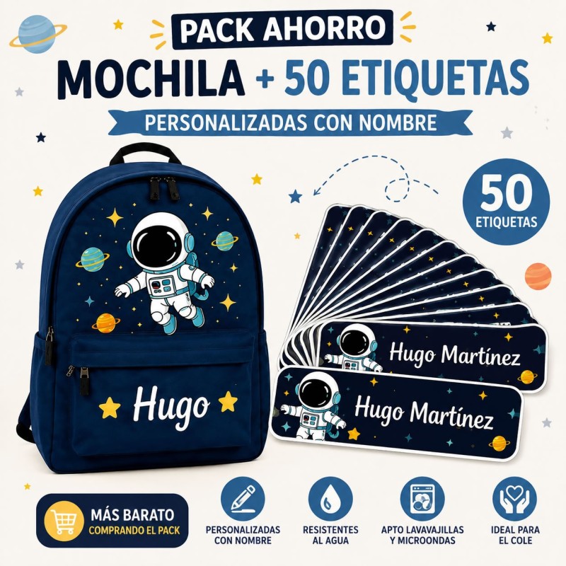 Pack Mochila Infantil Personalizada + 50 Etiquetas Escolares con Nombre – Astronauta Azul