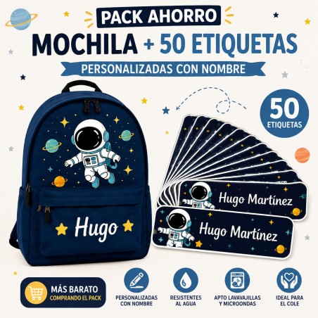 Pack Mochila Infantil Personalizada + 50 Etiquetas Escolares con Nombre – Astronauta Azul