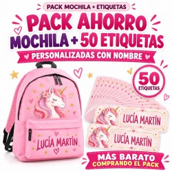 Pack Mochila Infantil Personalizada + 50 Etiquetas Escolares con Nombre – Unicornio 01-26