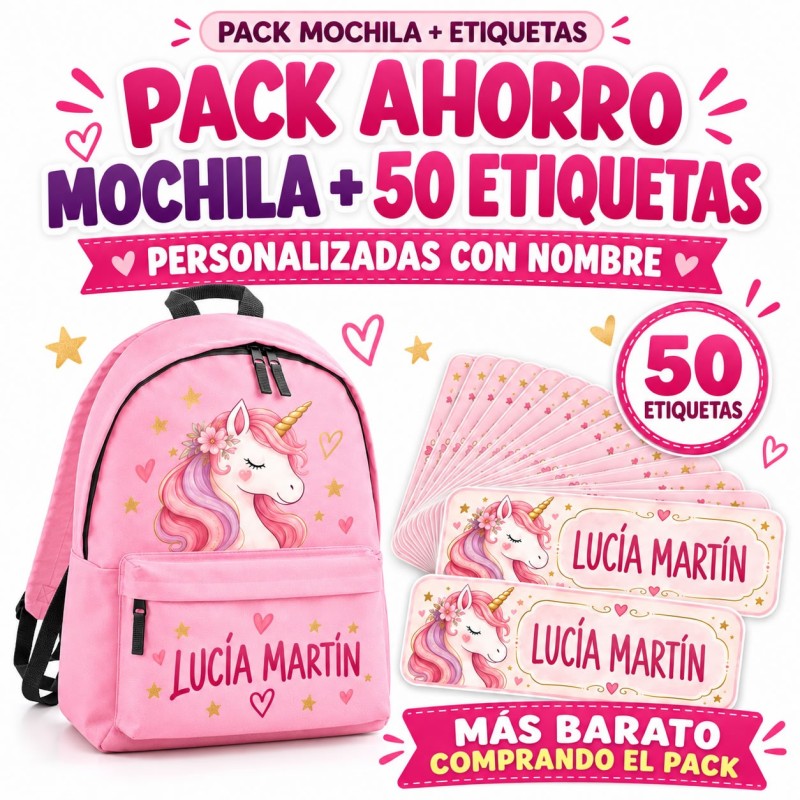 Pack Mochila Infantil Personalizada + 50 Etiquetas Escolares con Nombre – Unicornio 01-26