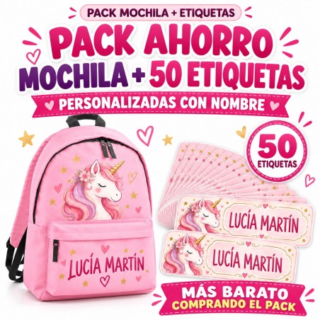 Pack Mochila Infantil Personalizada + 50 Etiquetas Escolares con Nombre – Unicornio 01-26