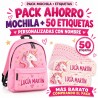 Pack Mochila Infantil Personalizada + 50 Etiquetas Escolares con Nombre – Unicornio 01-26
