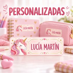 Pack Mochila Infantil Personalizada + 50 Etiquetas Escolares con Nombre – Unicornio 01-26