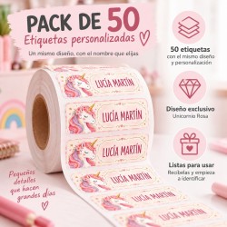Pack Mochila Infantil Personalizada + 50 Etiquetas Escolares con Nombre – Unicornio 01-26
