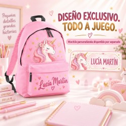 Pack Mochila Infantil Personalizada + 50 Etiquetas Escolares con Nombre – Unicornio 01-26