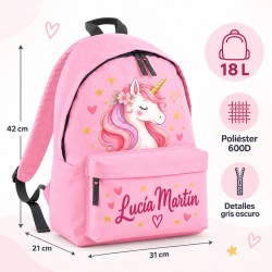Pack Mochila Infantil Personalizada + 50 Etiquetas Escolares con Nombre – Unicornio 01-26