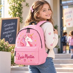Pack Mochila Infantil Personalizada + 50 Etiquetas Escolares con Nombre – Unicornio 01-26