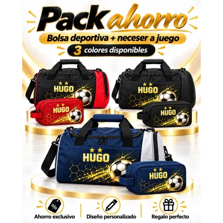 Pack Futbol Golden Goal Personalizado con Nombre – Bolsa Deportiva 41L + Neceser