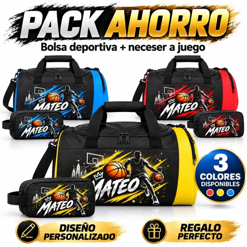 Pack Ahorro Bolsa Deportiva + Neceser Basket 004 Personalizados con Nombre
