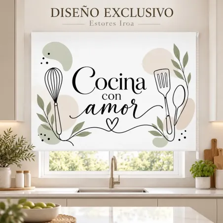 Estor para Cocina Moderno con frase Cocina con Amor Line Art 03-26 a Medida | Estores Iroa