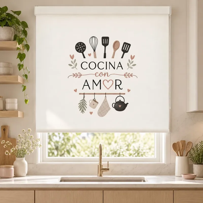 Estor Cocina con Frase Cocina con amor y Utensilios | Estores Iroa