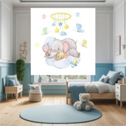Estor Enrollable Infantil Niño Animales- Elefante Bebé Dormido en Nube Azul Pastel - Ideal para Habitación de Bebés