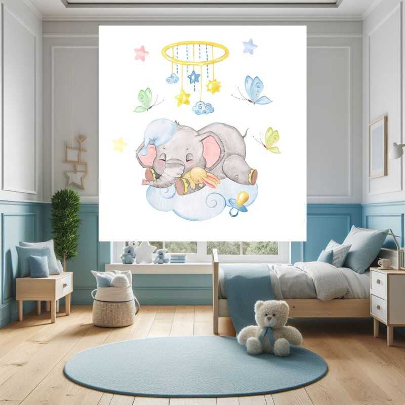 Estor Enrollable Infantil Niño Animales- Elefante Bebé Dormido en Nube Azul Pastel - Ideal para Habitación de Bebés