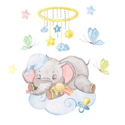  Estor Enrollable Infantil Niño Animales- Elefante Bebé Dormido en Nube Azul Pastel - Ideal para Habitación de Bebés