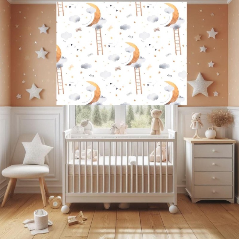 Estores infantiles niño. Estor estampado Infantil Nubes y Luna . Estor cuarto bebe. Estor niños habitación infantil.