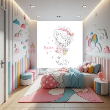 Estores infantiles niña personalizados. Estores infantiles niña dibujo Niña Cesta Flores