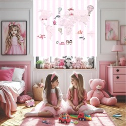 Estor con Diseño Mapa Mundi Raya Rosa Mapa Mundi — Un diseño moderno, para niñas con gran imaginación