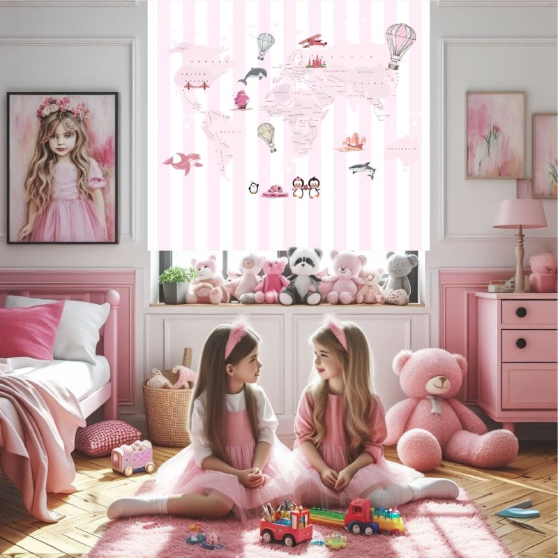 Estor con Diseño Mapa Mundi Raya Rosa Mapa Mundi — Un diseño moderno, para niñas con gran imaginación Estor con Diseño Mapa Mundi Raya Rosa Mapa Mundi — Un diseño moderno, para niñas con gran imaginación