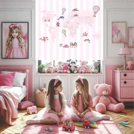 Estor con Diseño Mapa Mundi Raya Rosa Mapa Mundi — Un diseño moderno, para niñas con gran imaginación