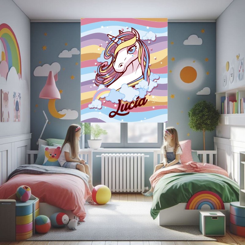 Estor Enrollable Infantil Personalizado con Nombre ? Diseño Unicornio Bebe Rosa y Blanco