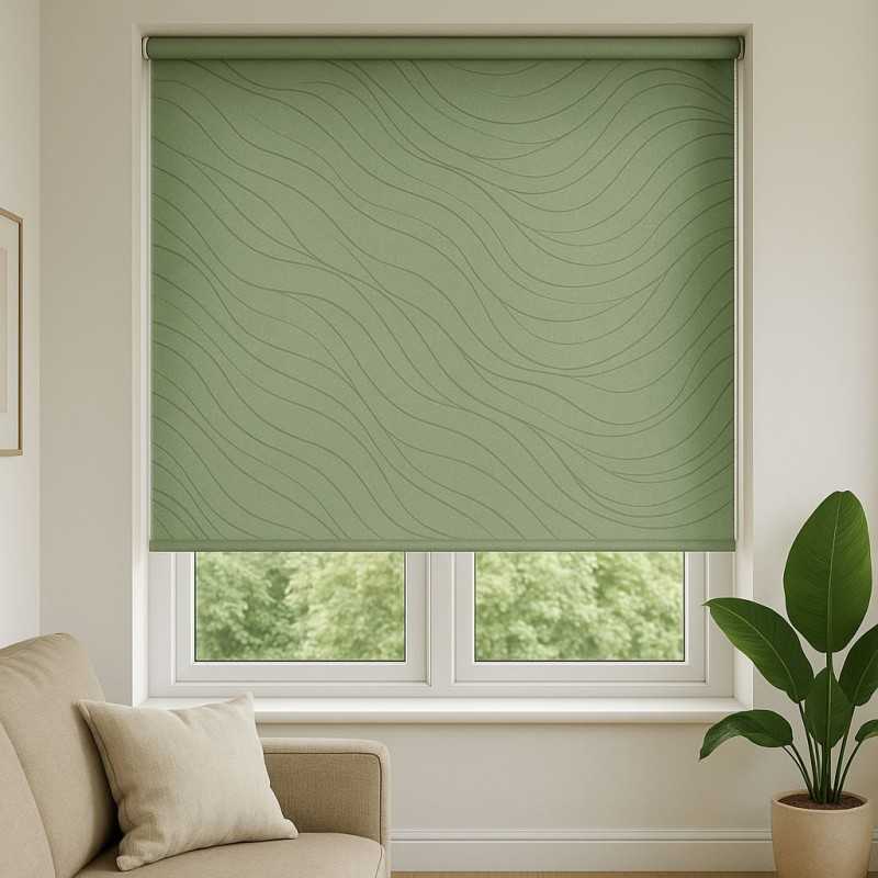 Estor enrollable verde pastel con líneas onduladas Green Flow–