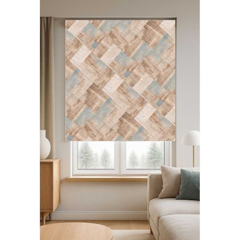 Estor enrollable Decorativo con Diseño de Madera Vintage en Tonos Beige y Azul