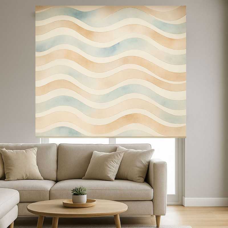 Estor Enrollable Beige y Azul | Ondas Decorativas a Medida